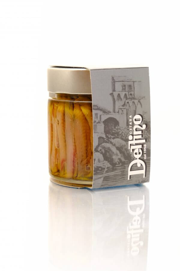 glas mit alici in olivenöl natur eingelegte Sardellenfilets von Delfino