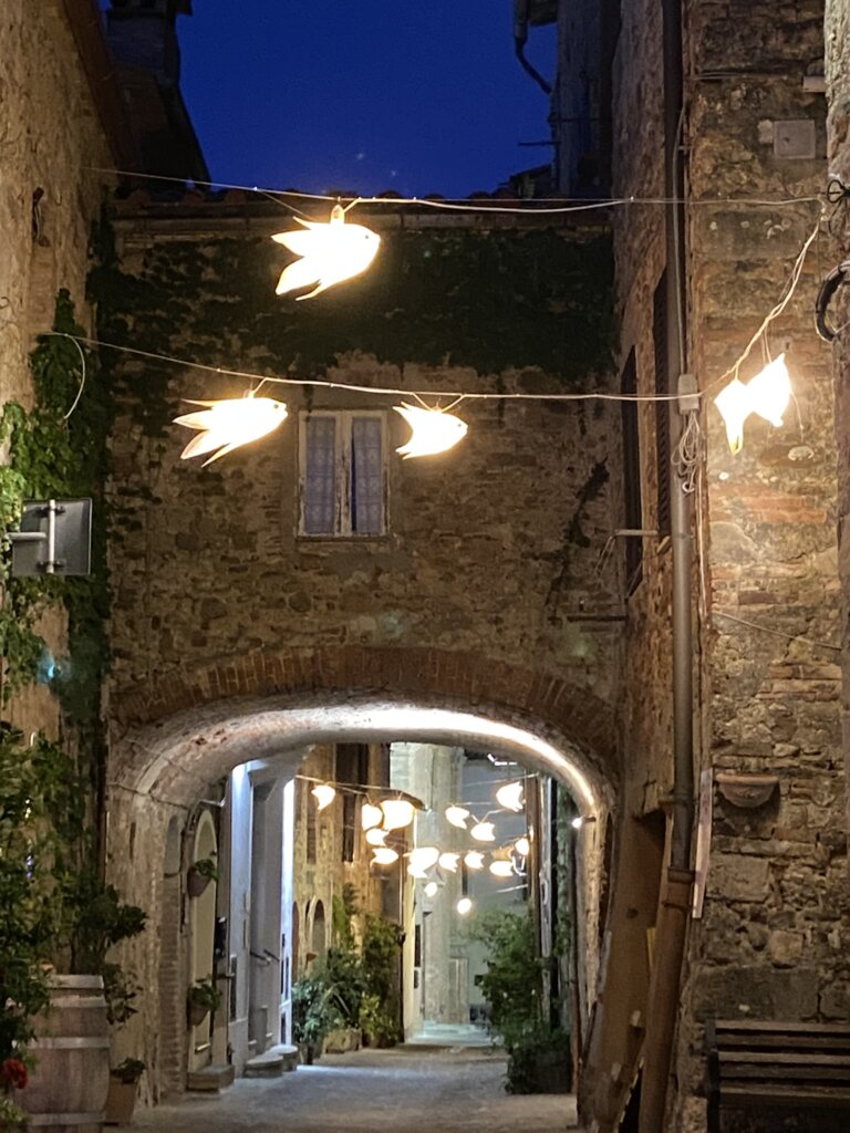 gasse von radicondoli beleuchtet mit fischdeko