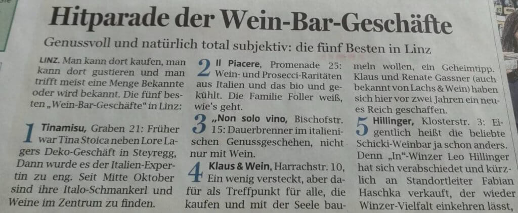 zeitungsartikel mit hitparade von linzer lokalen mit nonsolovino erwähnung